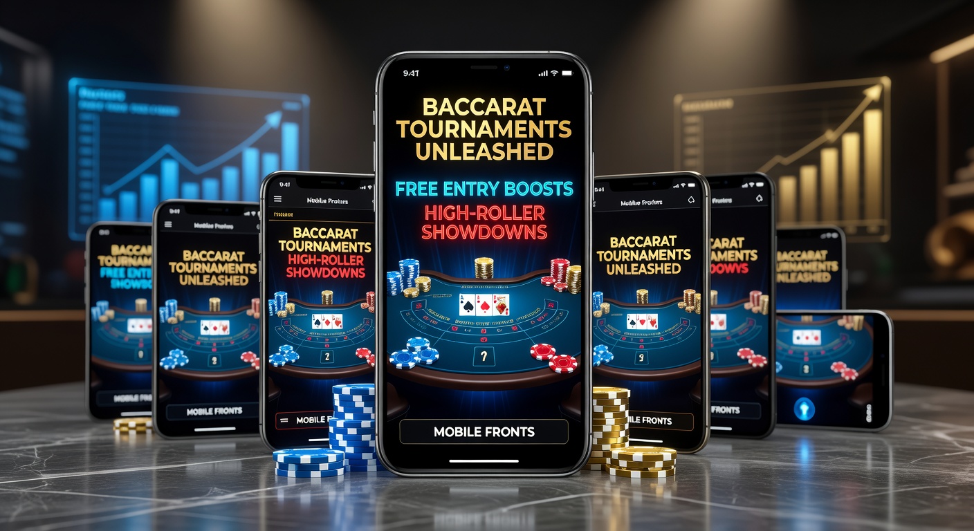 Spieler bei einem intensiven Baccarat-Turnier auf einem Mobilgerät mit Live-Stream und Turnier-Tafel im Hintergrund