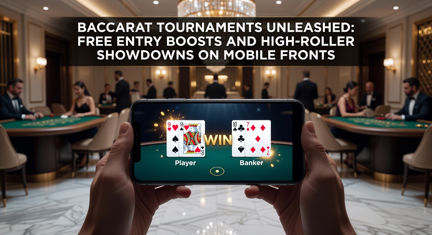 High-Roller bei einem Baccarat-Turnierfinale auf Mobile, mit hohen Chips-Stacks und Leaderboard-Anzeige