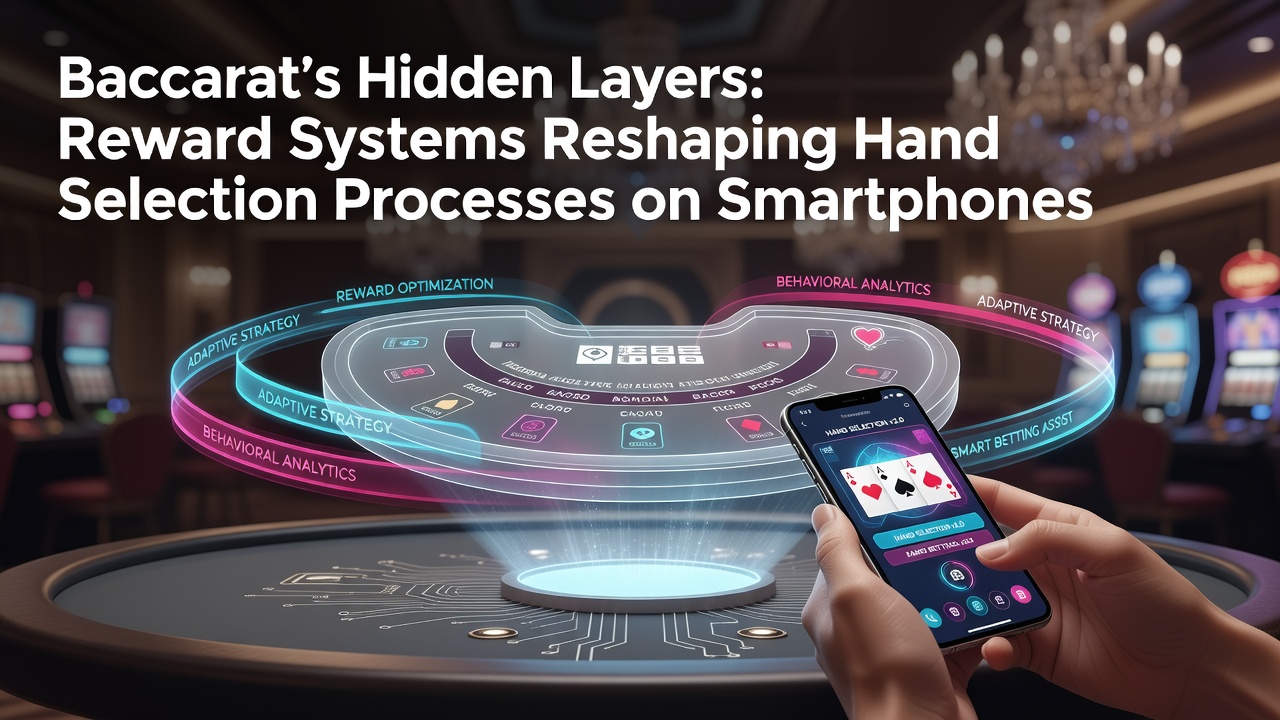 Mobile Baccarat-Schnittstelle mit Belohnungsanzeigen und Handauswahloptionen auf einem Smartphone-Display