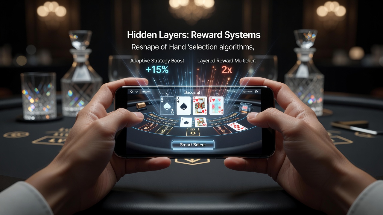 Detailansicht eines mobilen Baccarat-Spiels mit aktivierten Belohnungsebenen und Handstatistiken