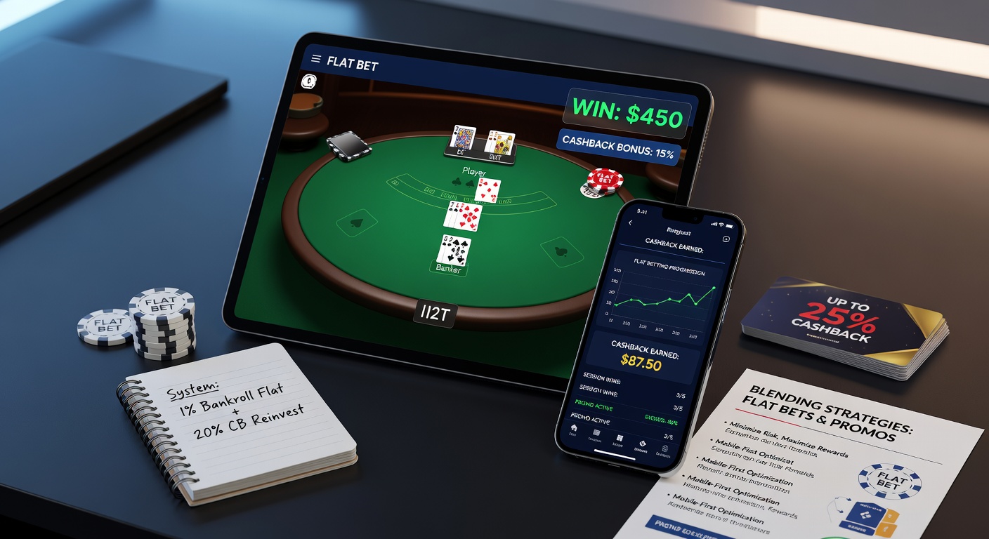 Smartphone mit Live-Baccarat-Tisch und Cashback-Symbolen auf dem Bildschirm, das Flat-Betting-Strategien und mobile Gewinne illustriert