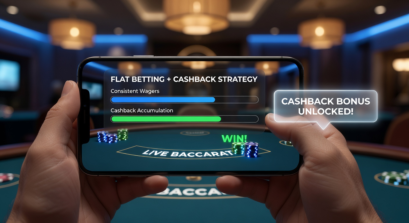Grafik mit Flat-Betting-Diagramm, Cashback-Pfeilen und einem Mobile-Live-Baccarat-Stream, der Gewinnkurven zeigt