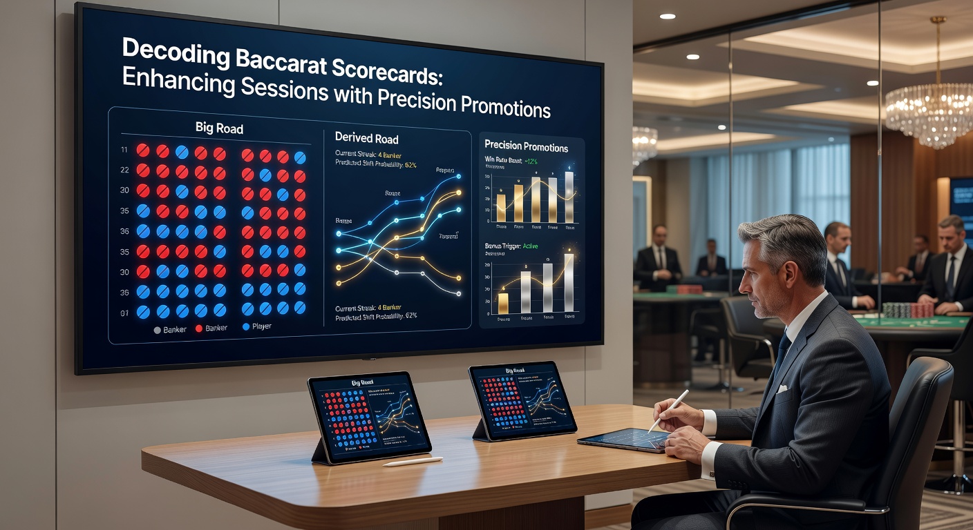 Detaillierte Ansicht einer digitalen Baccarat-Scorecard mit Promotions-Indikatoren, die Muster und Bonus-Aktivierungen verbinden