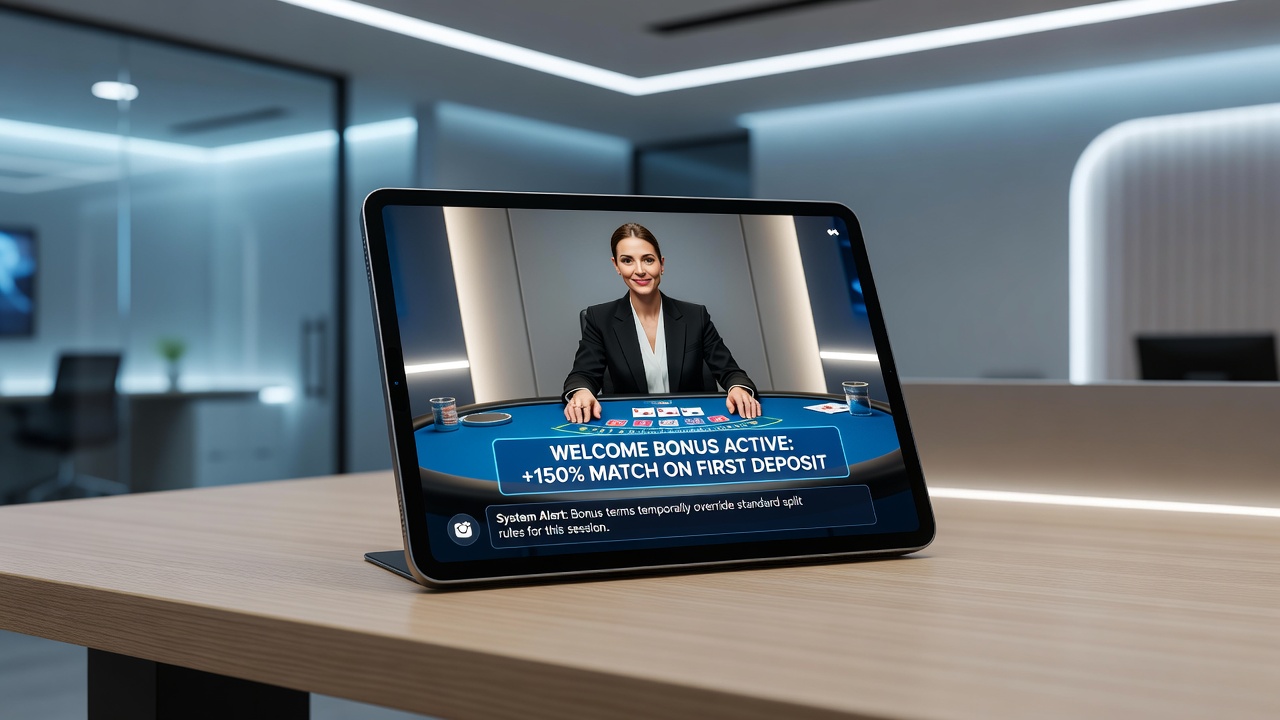 Live-Dealer-Tisch auf Tablet mit Bonus-Overlay und Regelhinweisen