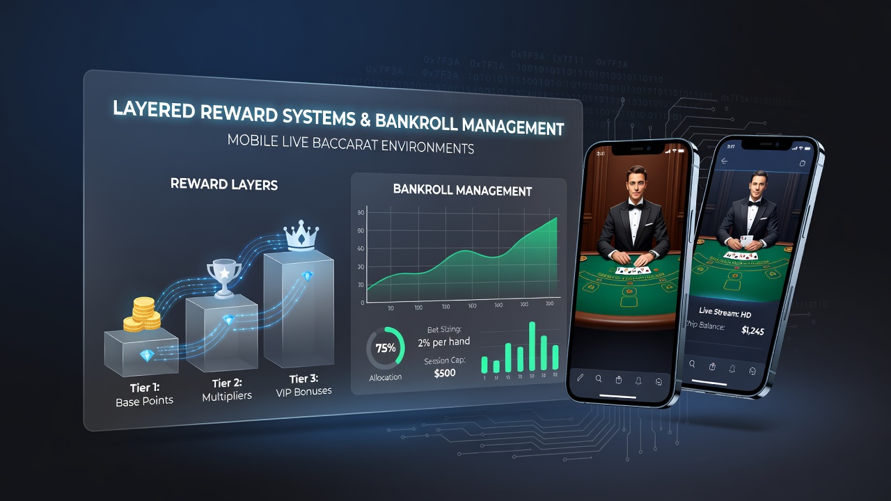 Illustration of layered reward tiers in mobile baccarat interfaces with bankroll tracking overlays