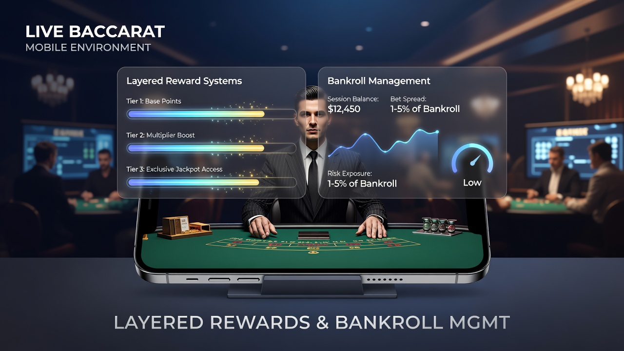 Screenshot of a mobile baccarat app showing integrated reward tiers and bankroll management dashboard