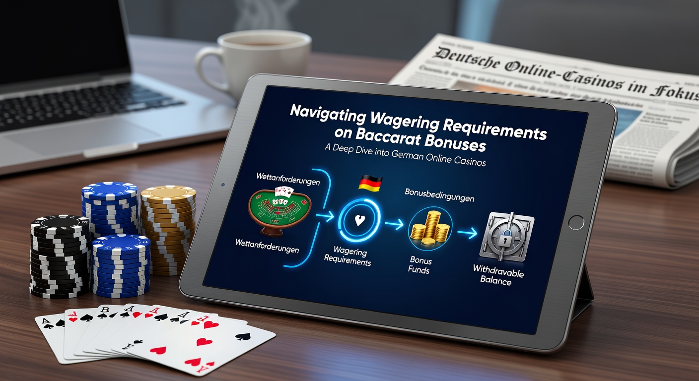 Grafik zu Umsatzbedingungen und Baccarat-Boni in Online-Casinos, die eine Waage mit Chips und Karten zeigt
