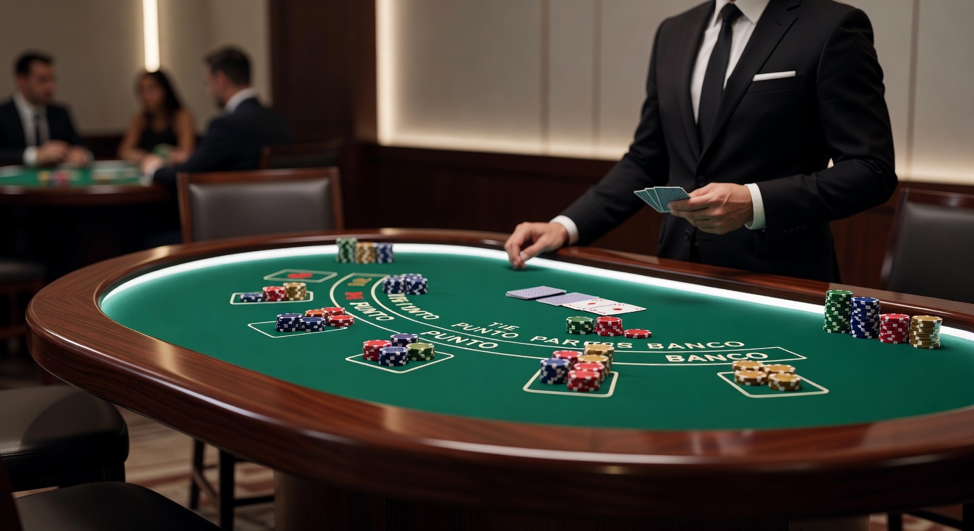 Live-Tisch mit Punto Banco Spielern und Dealer, der Karten verteilt, beleuchtet von Casino-Lichtern
