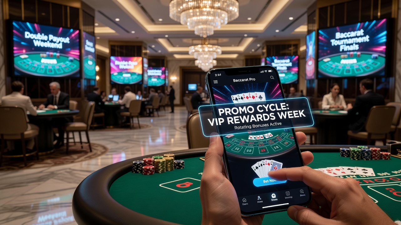 Mobile Baccarat-Schnittstelle mit rotierenden Promotionsanzeigen auf einem Smartphone-Display